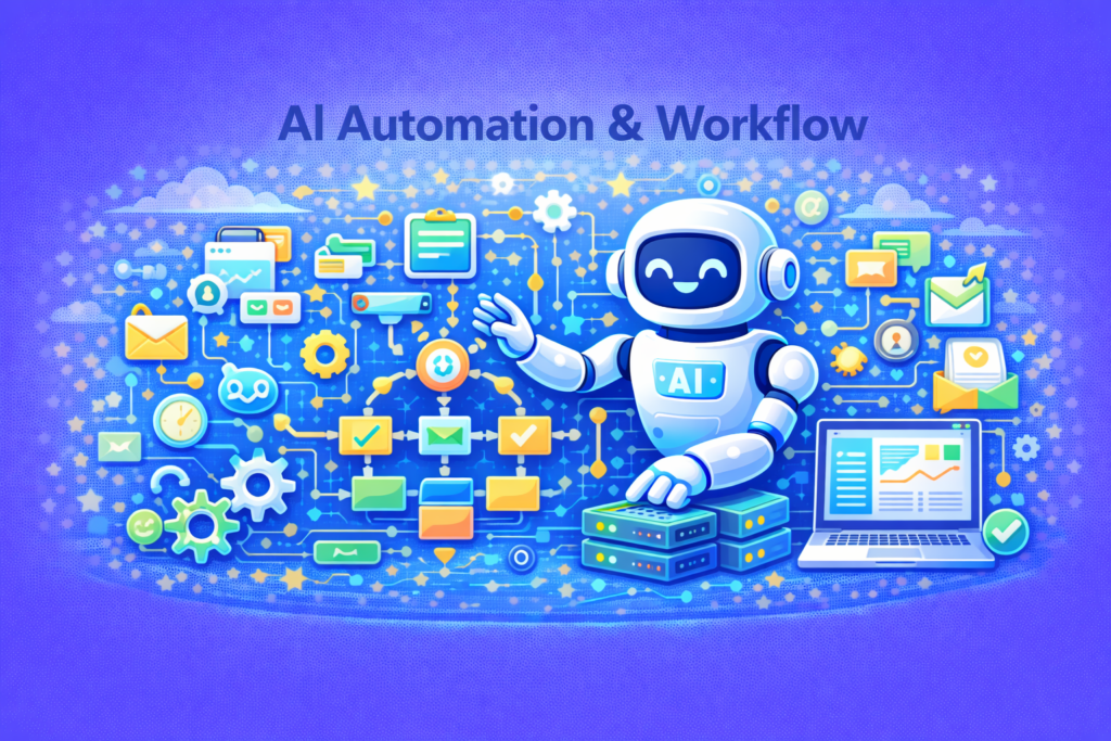 Ilustrasi AI automation dan workflow yang menampilkan robot AI, flowchart proses otomatis, ikon email, task, CRM, dashboard sistem, dan integrasi tools untuk efisiensi bisnis digital.