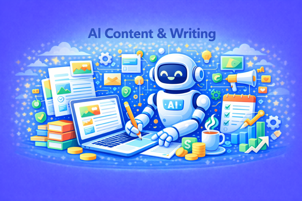 Ilustrasi AI content dan writing yang menampilkan robot AI menulis di laptop, ikon ide konten, checklist penulisan, email, grafik performa, dan elemen optimasi konten untuk blogging, copywriting, dan marketing digital.