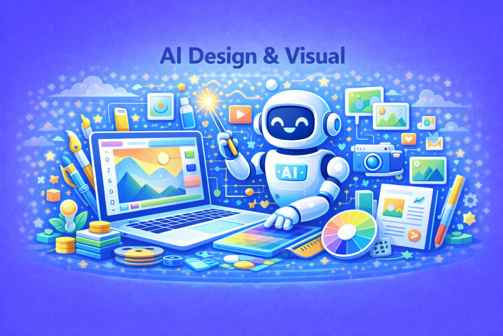 Ilustrasi AI design dan visual yang menampilkan robot AI membuat desain digital, laptop dengan kanvas visual, palet warna, ikon gambar, kamera, dan elemen kreatif untuk produksi konten visual bisnis online.