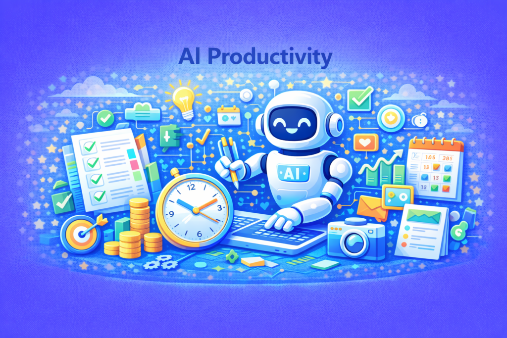 Ilustrasi AI productivity yang menampilkan robot AI mengelola tugas, jam waktu, checklist pekerjaan, grafik produktivitas, kalender, dan sistem kerja digital untuk meningkatkan efisiensi bisnis online.