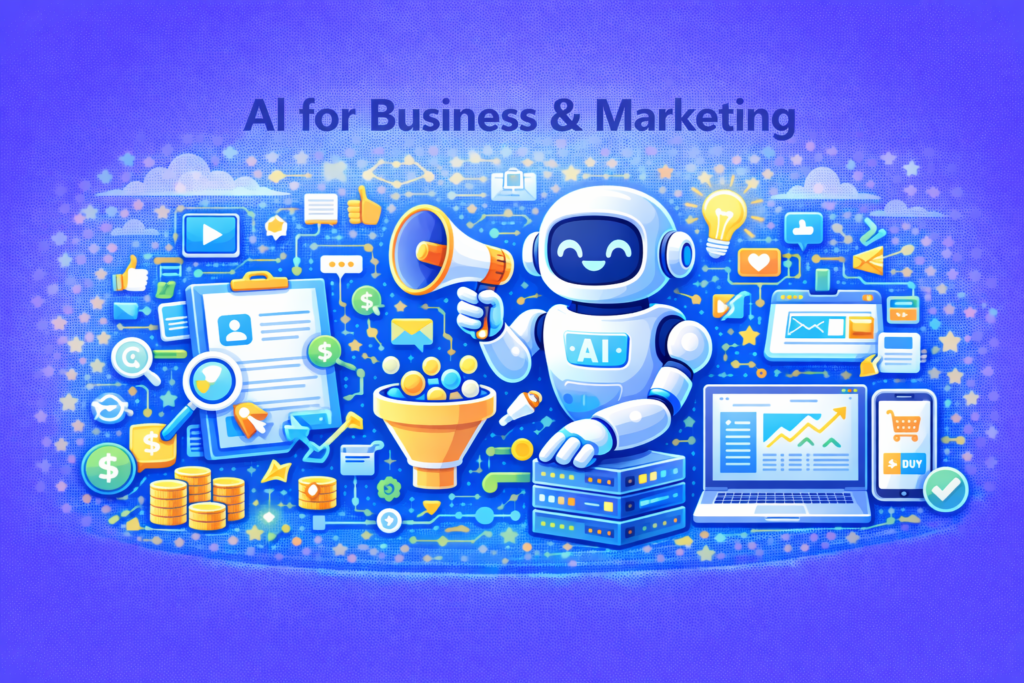 Ilustrasi AI for business dan marketing yang menampilkan dashboard analitik, grafik pertumbuhan, ikon iklan digital, automation funnel, AI assistant, dan sistem pemasaran berbasis data.