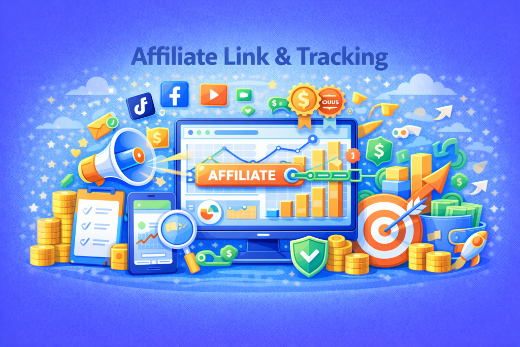 Ilustrasi affiliate link dan tracking yang menampilkan dashboard performa affiliate, grafik klik dan komisi, short link, ikon tracking, target konversi, dan sistem analisis link untuk meningkatkan ROI affiliate.