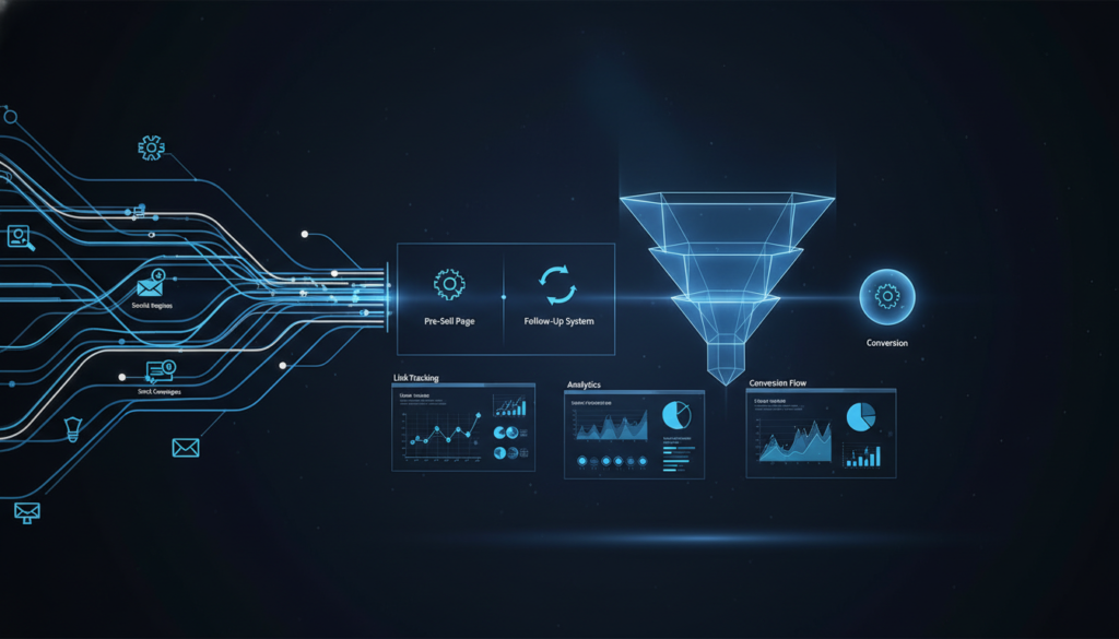 Ilustrasi sistem affiliate tools marketing dengan tracking dan funnel terstruktur
