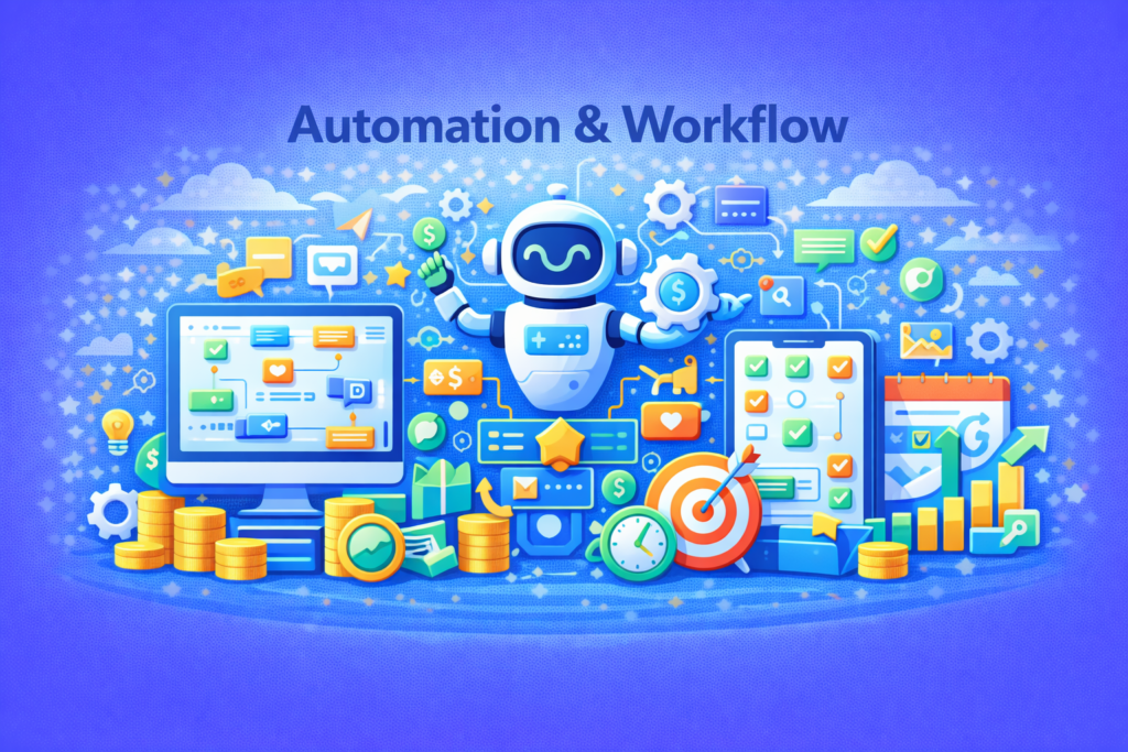 Ilustrasi automation dan workflow digital yang menampilkan robot AI, flowchart proses otomatis, dashboard sistem, ikon integrasi tools, checklist tugas, dan simbol efisiensi kerja untuk bisnis online.