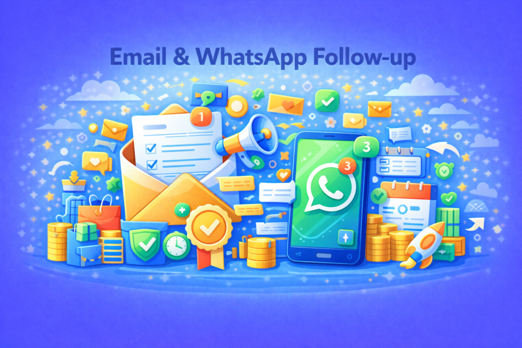 Ilustrasi email dan WhatsApp follow-up yang menampilkan automation pesan, notifikasi email dan chat, checklist follow-up, kalender jadwal, dan alur nurturing prospek untuk meningkatkan closing bisnis online.