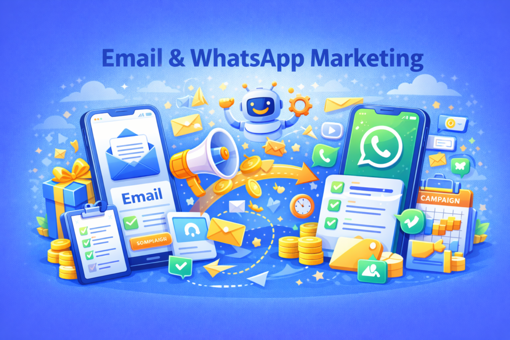 Ilustrasi email dan WhatsApp marketing yang menampilkan smartphone dengan email dan chat WhatsApp, automation workflow, ikon campaign, notifikasi pesan, dan sistem follow-up untuk meningkatkan engagement dan penjualan.