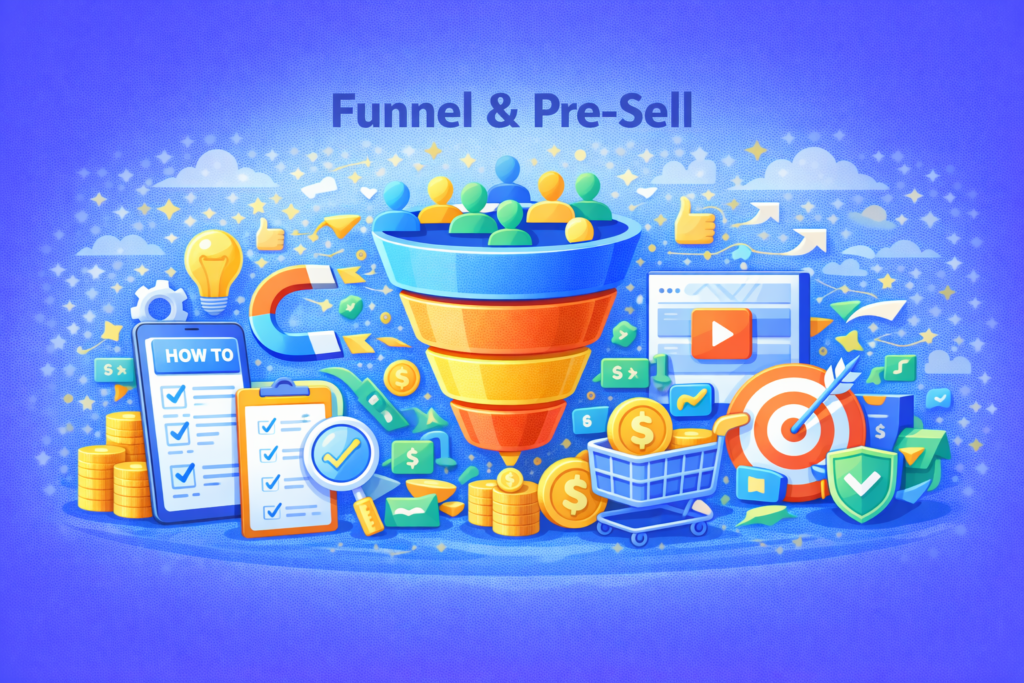 Ilustrasi funnel dan pre-sell marketing yang menampilkan alur audiens dari awareness ke konversi, elemen edukasi, trust building, pre-sell page, ikon konten, checklist, dan target penjualan untuk meningkatkan konversi tanpa hard selling.