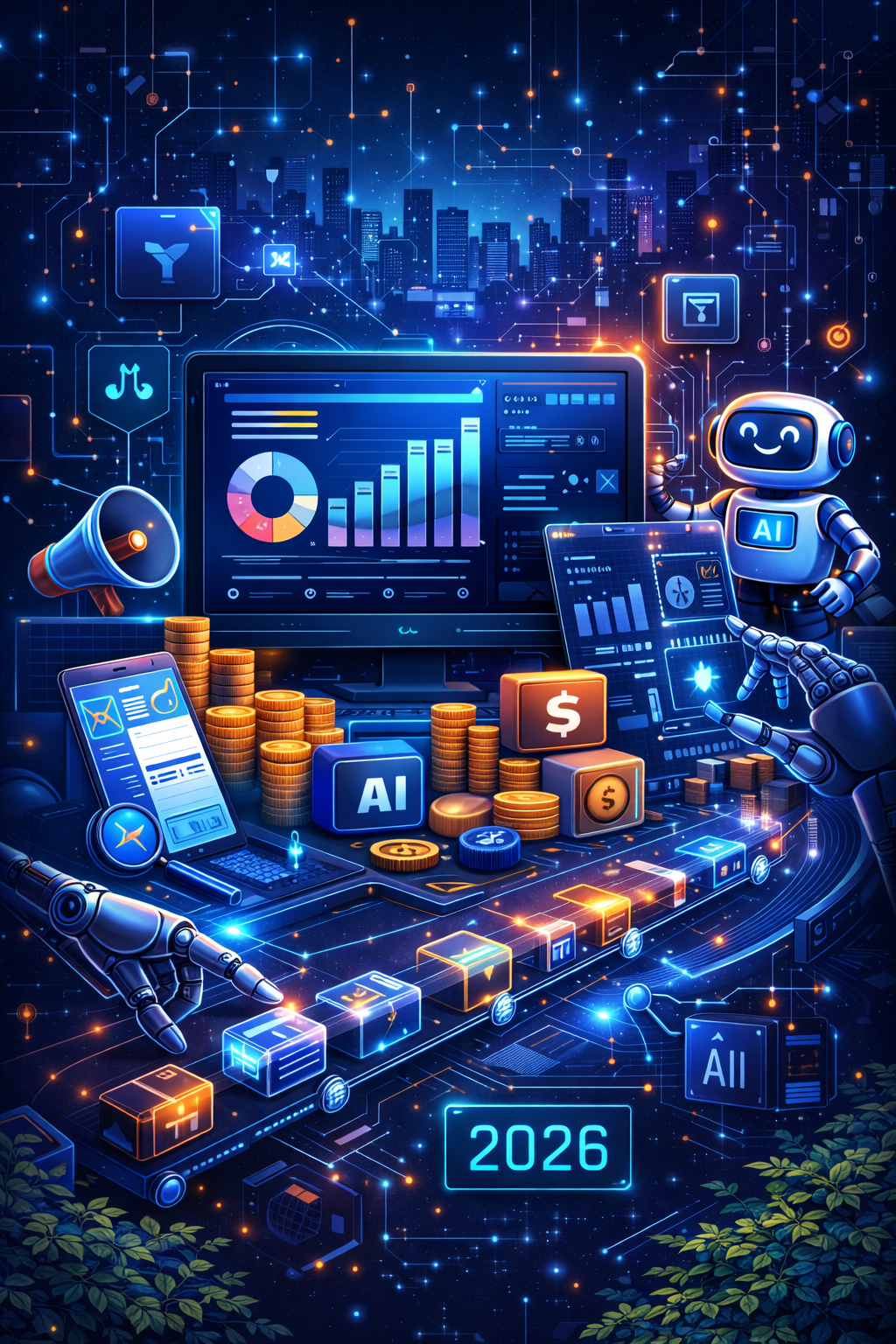 Tools digital untuk bisnis online yang menampilkan dashboard analitik, landing page, sistem CTA, AI assistant, dan elemen optimasi konversi dalam satu ekosistem terintegrasi.