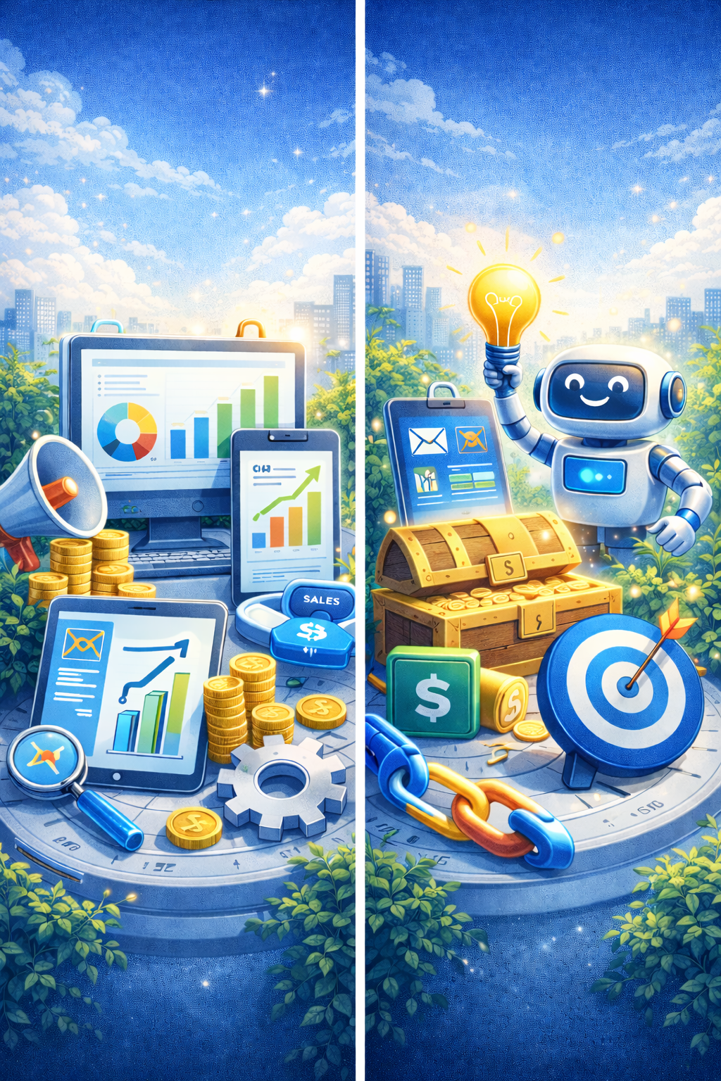 Ilustrasi tools digital untuk bisnis online yang menampilkan dashboard analitik, landing page, sistem CTA, AI assistant, dan elemen optimasi konversi dalam satu ekosistem terintegrasi.