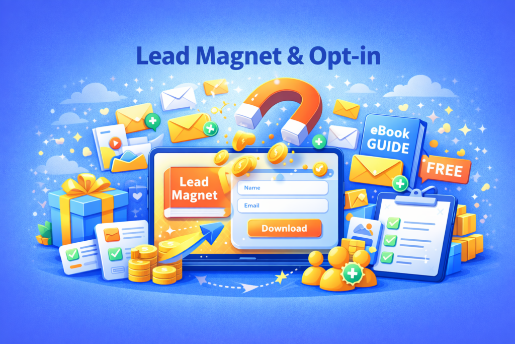 Ilustrasi lead magnet dan opt-in yang menampilkan form email, magnet penarik lead, ebook gratis, checklist, ikon email, dan alur pengumpulan data audiens untuk membangun list bisnis online.