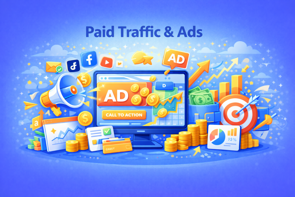 Ilustrasi paid traffic dan iklan digital yang menampilkan dashboard ads, tombol call to action, grafik pertumbuhan, koin, target konversi, dan strategi iklan berbayar untuk meningkatkan penjualan online.