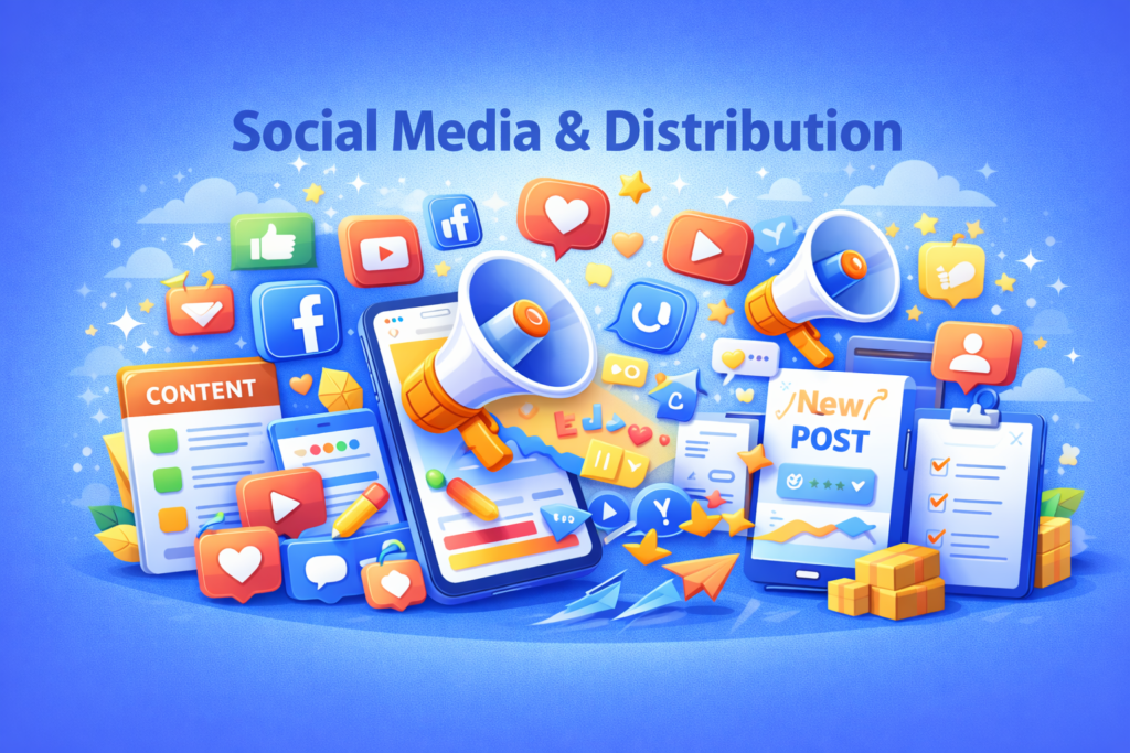 Ilustrasi social media dan distribusi konten yang menampilkan smartphone, ikon platform media sosial, megafon, kalender posting, dan alur penyebaran konten ke berbagai channel digital.