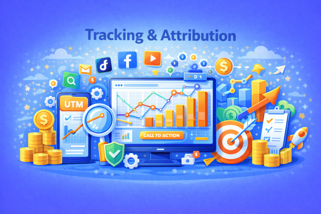 Ilustrasi tracking dan attribution marketing yang menampilkan dashboard analitik, grafik performa, UTM tracking, ikon channel digital, target konversi, dan sistem pengukuran kontribusi tiap sumber traffic.