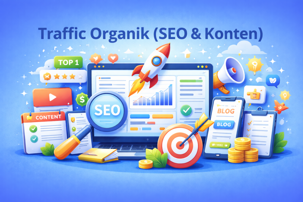 Ilustrasi traffic organik SEO dan konten yang menampilkan dashboard SEO, grafik pertumbuhan, riset keyword, konten blog, dan strategi optimasi untuk meningkatkan kunjungan website secara alami.