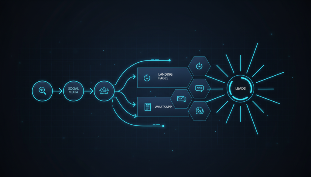 Ilustrasi sistem traffic dan lead generation untuk mengubah pengunjung menjadi audiens