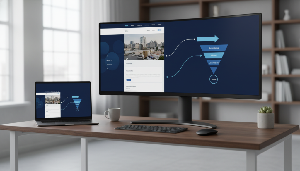 Ilustrasi sistem website dan funnel untuk mengarahkan traffic menjadi konversi