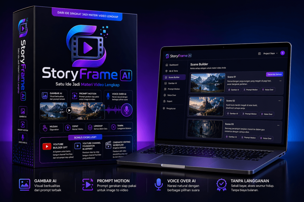 StoryFrame AI Review menampilkan mockup produk AI untuk membuat gambar, prompt motion, voice over, dan materi video lengkap