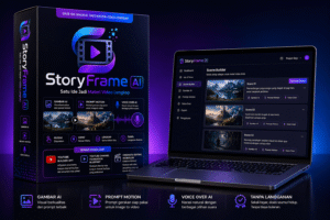 StoryFrame AI Review menampilkan mockup produk AI untuk membuat gambar, prompt motion, voice over, dan materi video lengkap