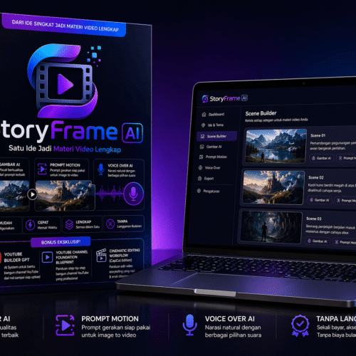 StoryFrame AI Review menampilkan mockup produk AI untuk membuat gambar, prompt motion, voice over, dan materi video lengkap