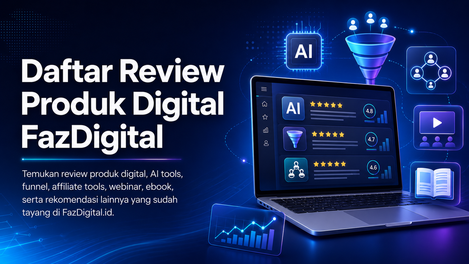 Banner hero daftar review produk digital FazDigital berisi ilustrasi laptop, AI tools, funnel, affiliate tools, webinar, dan ebook.