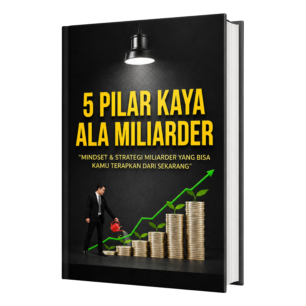 Review Ebook 5 Pilar Kaya ala Miliarder dengan cover hitam, judul kuning, ilustrasi koin, grafik pertumbuhan, dan konsep mindset finansial