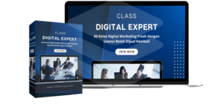 Digital Expert Class dengan tampilan laptop dan box produk kelas digital marketing berlisensi jual