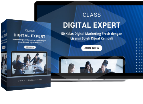 Digital Expert Class dengan tampilan laptop dan box produk kelas digital marketing berlisensi jual