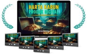 Harta Karun Produk Digital dalam mockup video course dengan tampilan laptop dan beberapa modul pembelajaran digital