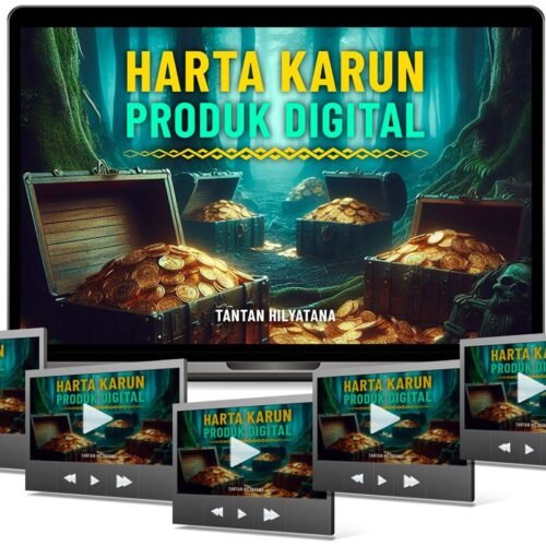 Harta Karun Produk Digital dalam mockup video course dengan tampilan laptop dan beberapa modul pembelajaran digital