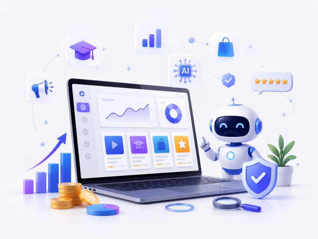 Ilustrasi laptop dengan dashboard produk digital, robot AI, ikon kursus online, affiliate marketing, review, dan grafik pertumbuhan untuk bisnis online FazDigital.