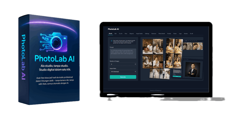 Hero image review PhotoLab AI dengan tampilan box produk dan dashboard studio digital AI di laptop