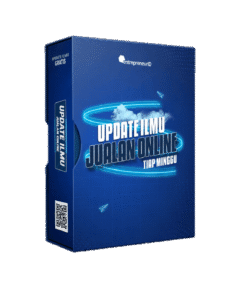 Ilmu Jualan Online berupa mockup ebook biru dengan judul Update Ilmu Jualan Online Tiap Minggu