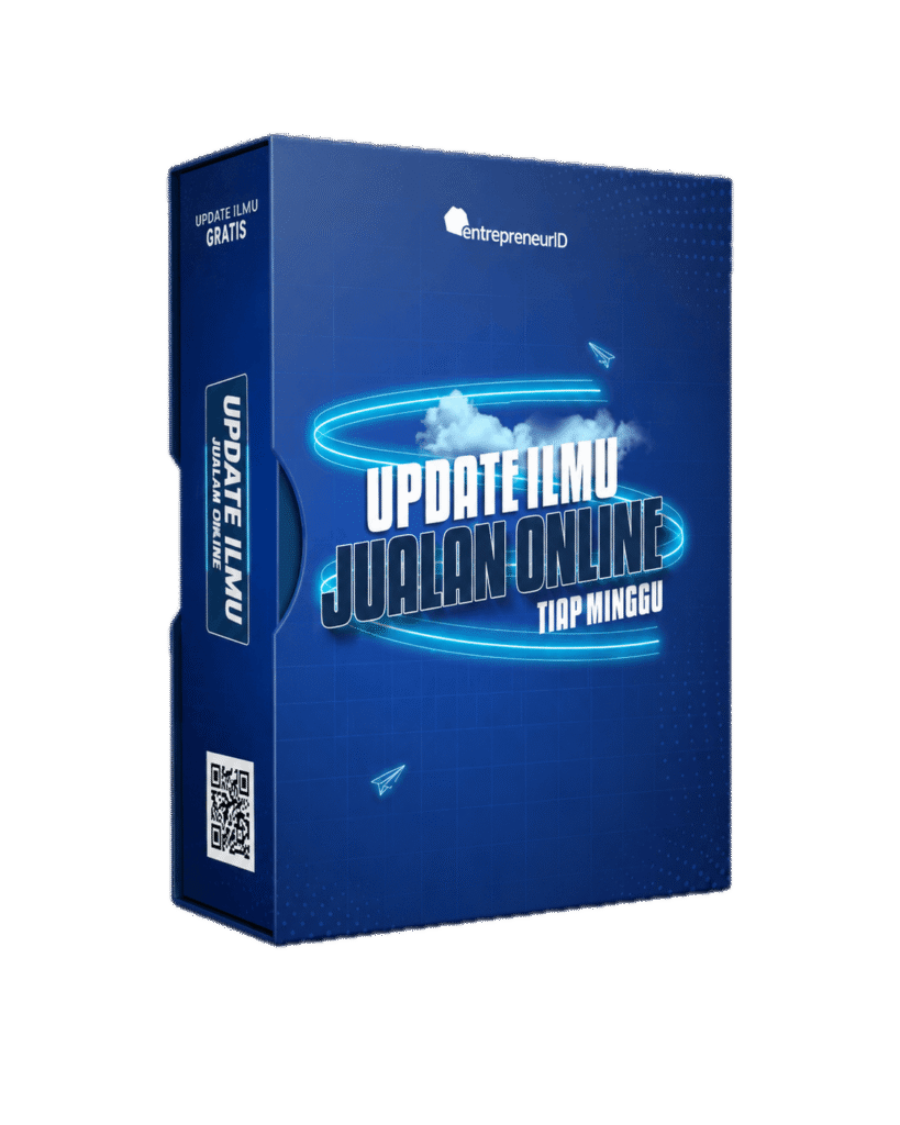 Ilmu Jualan Online berupa mockup ebook biru dengan judul Update Ilmu Jualan Online Tiap Minggu