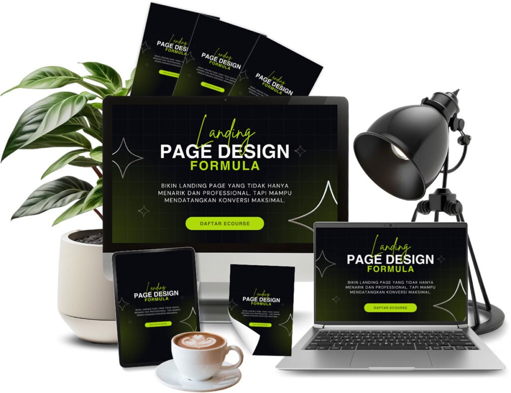 Landing Page Design Formula dengan mockup desktop, laptop, tablet, dan materi ecourse desain landing page