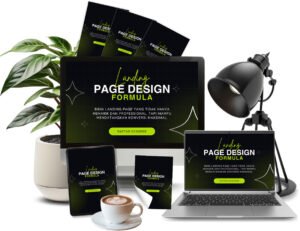 Landing Page Design Formula dengan mockup desktop, laptop, tablet, dan materi ecourse desain landing page