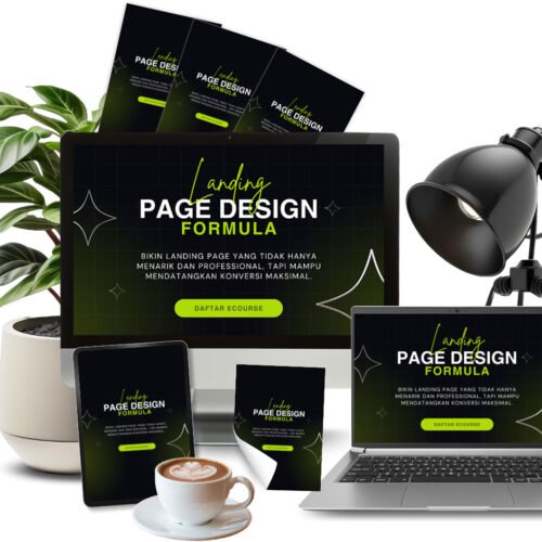 Landing Page Design Formula dengan mockup desktop, laptop, tablet, dan materi ecourse desain landing page