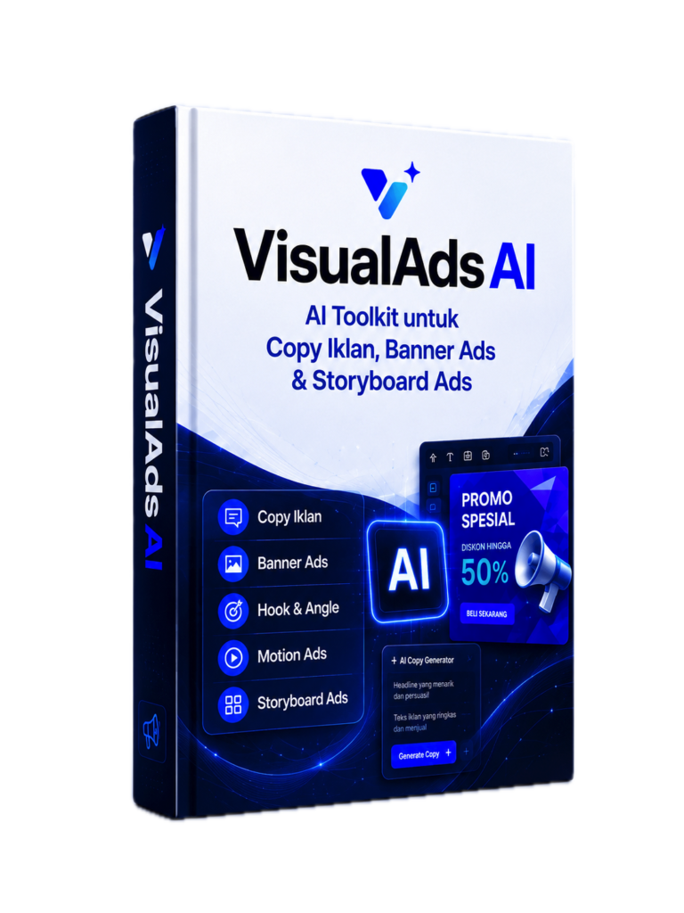 Ilustrasi Review VisualAds AI toolkit untuk membuat copy iklan, banner ads, hook, motion ads, dan storyboard promosi