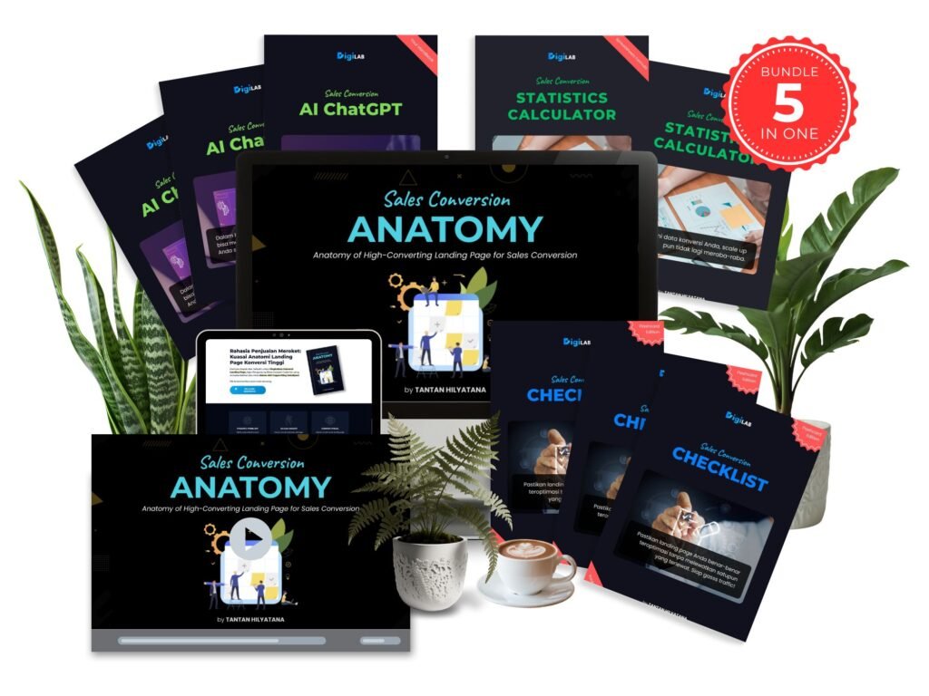 Sales Conversion Anatomy Bundle dengan mockup laptop, video course, checklist, AI ChatGPT, dan statistics calculator