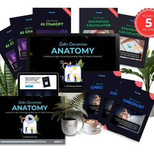 Sales Conversion Anatomy Bundle dengan mockup laptop, video course, checklist, AI ChatGPT, dan statistics calculator