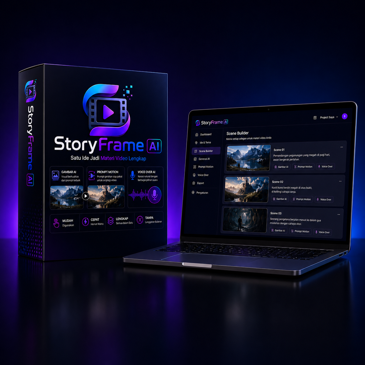 StoryFrame AI Review menampilkan mockup produk AI untuk membuat gambar, prompt motion, voice over, dan materi video lengkap