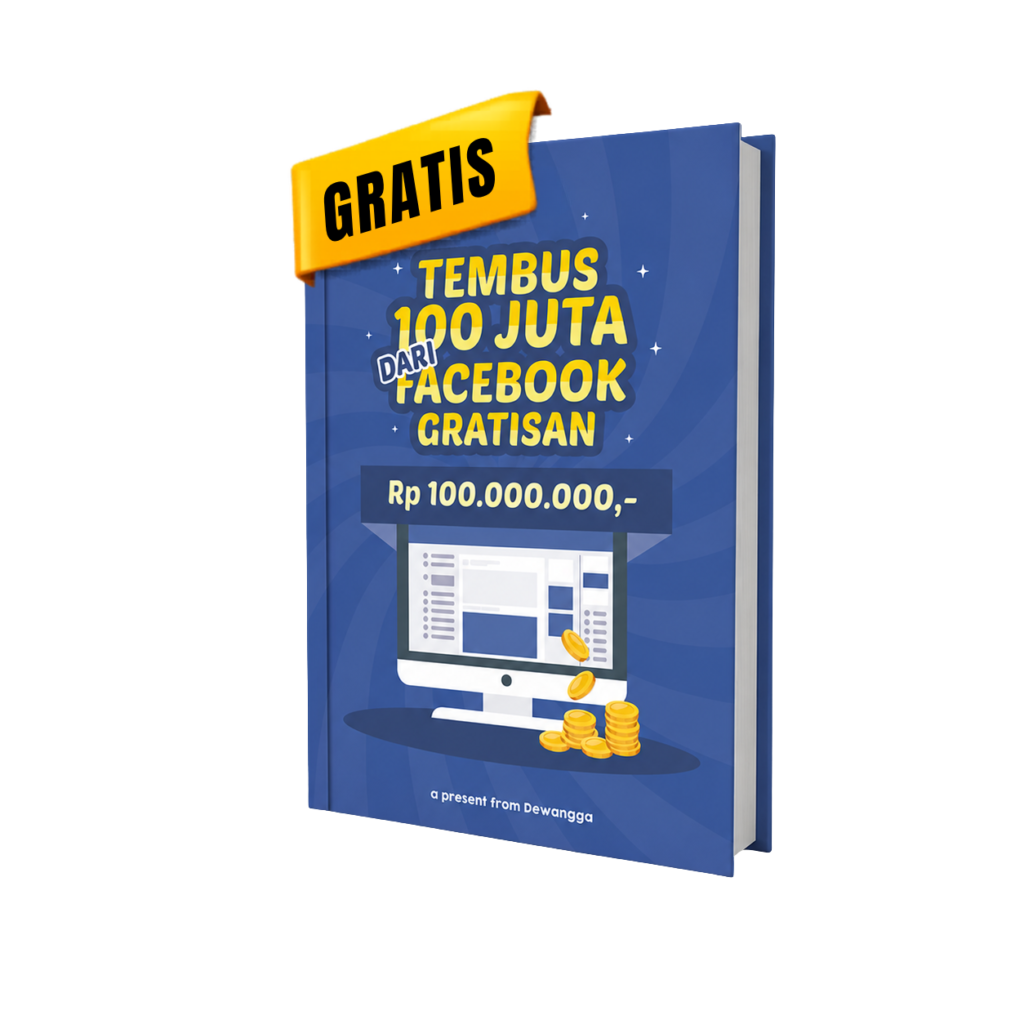 Ebook gratis tembus 100 juta dari FB gratisan dalam tampilan mockup buku biru dengan label gratis