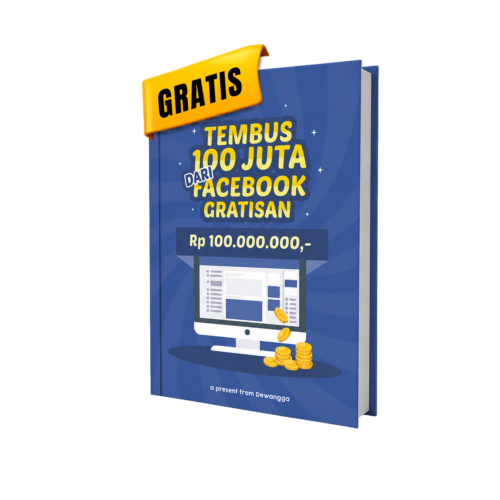 Ebook gratis tembus 100 juta dari FB gratisan dalam tampilan mockup buku biru dengan label gratis