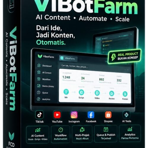 Mockup 3D Review ViBotFarm dan FCD Automation, software Windows untuk AI Content, workflow, dan pengelolaan konten digital.