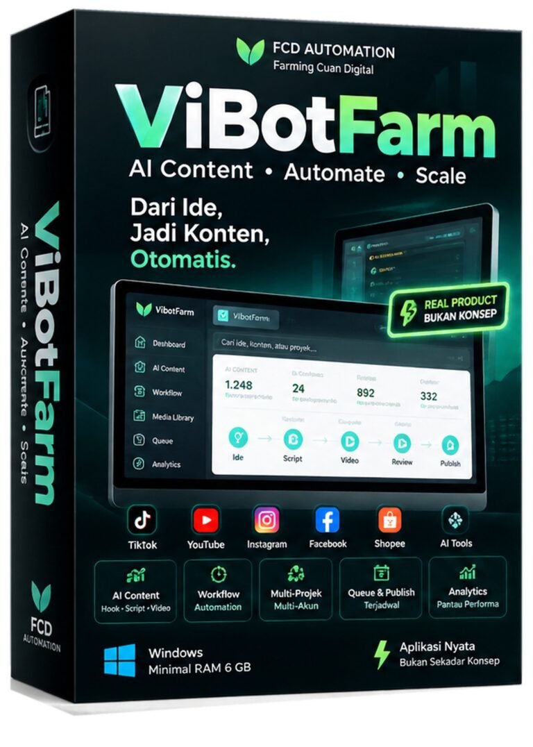 Mockup 3D Review ViBotFarm dan FCD Automation, software Windows untuk AI Content, workflow, dan pengelolaan konten digital.