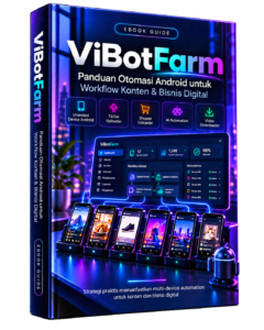 Mockup 3D ViBotFarm dan FCD Automation, software Windows untuk AI Content, workflow, dan pengelolaan konten digital.