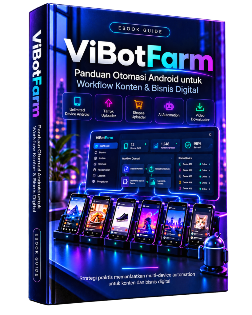 Mockup 3D ViBotFarm dan FCD Automation, software Windows untuk AI Content, workflow, dan pengelolaan konten digital.
