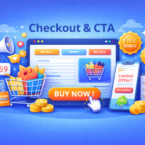 Ilustrasi checkout dan call to action yang menampilkan halaman pembayaran, tombol CTA, shopping cart, payment gateway, dan alur pembelian untuk meningkatkan konversi bisnis online.