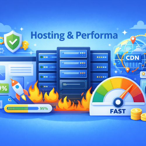 Ilustrasi hosting dan performa website yang menampilkan server cloud, kecepatan loading halaman, optimasi cache, Core Web Vitals, dan stabilitas sistem untuk website bisnis online.