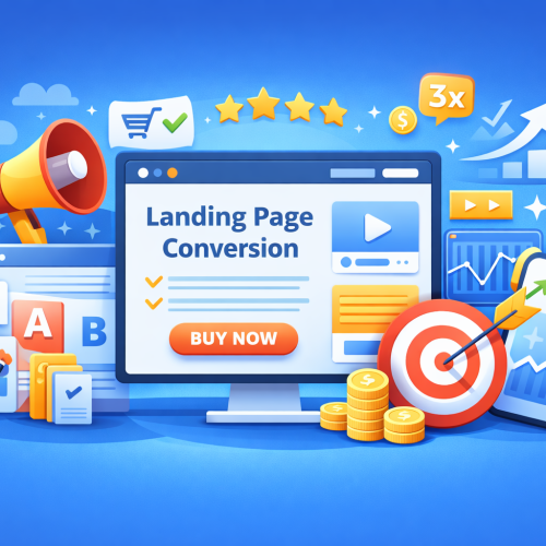 Ilustrasi landing page conversion yang menampilkan halaman penawaran dengan CTA, elemen A/B testing, grafik performa, target konversi, dan sistem optimasi untuk meningkatkan penjualan online.