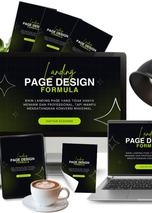 Landing Page Design Formula dengan mockup desktop, laptop, tablet, dan materi ecourse desain landing page